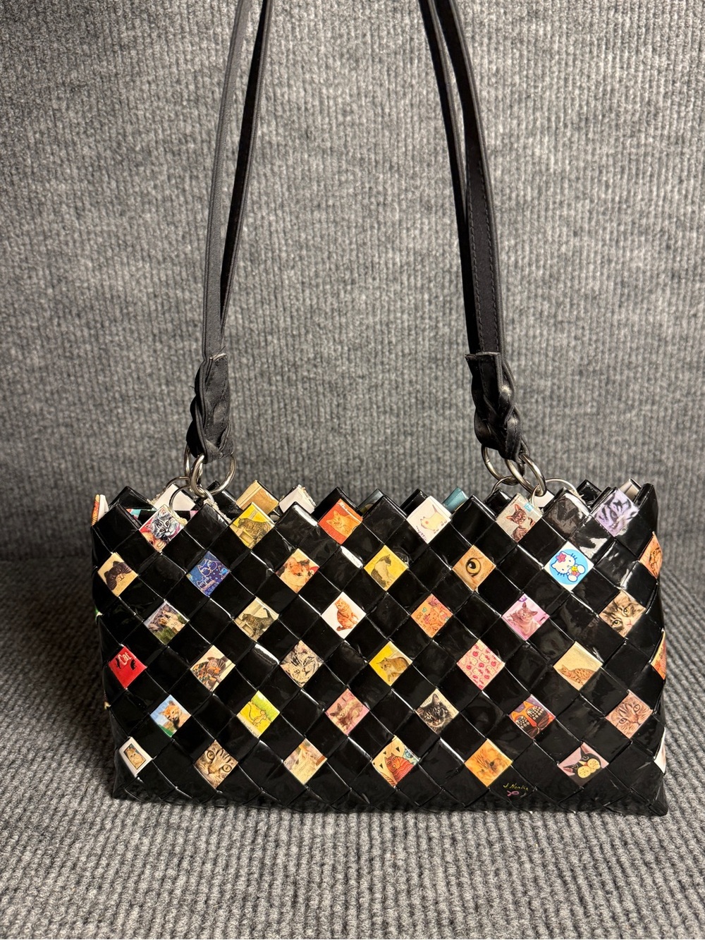 Vintage Y2K Upcycled Cat Print Woven Wrapper Shoulder Bag Black